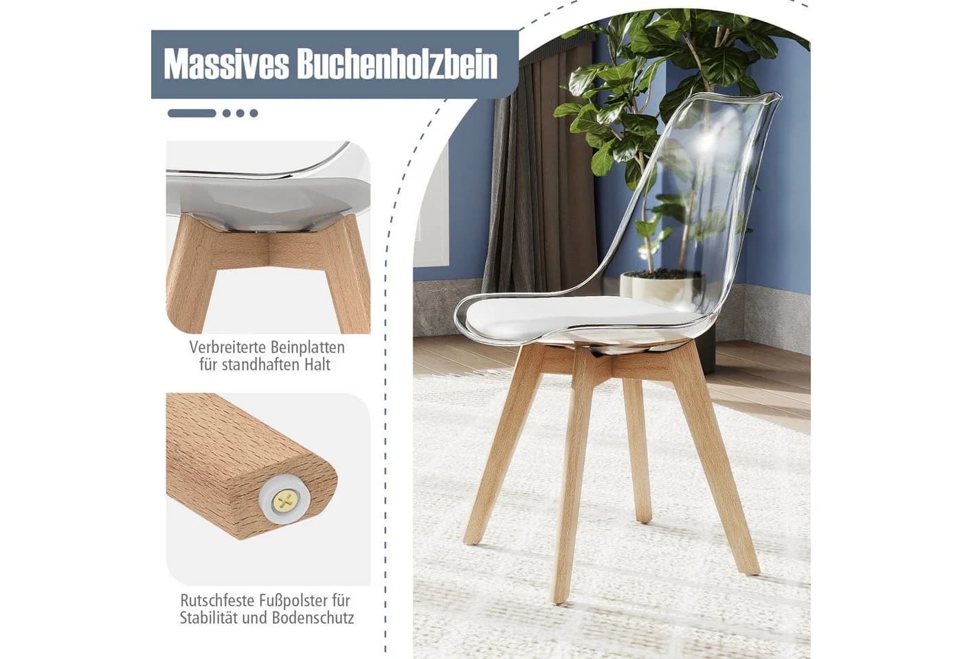 COSTWAY Esszimmerstuhl 4er Set transparent mit Massivholz Beinen - Bild 3