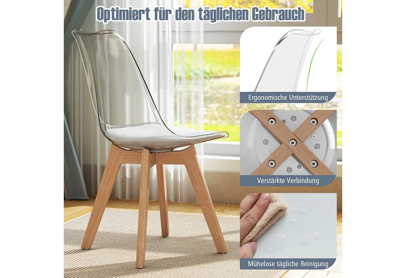 COSTWAY Esszimmerstuhl 4er Set transparent mit Massivholz Beinen - Bild 4