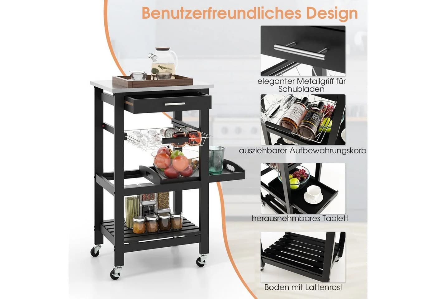 COSTWAY Servierwagen mit Schublade, Korb & Serviertablett - Schwarz - Bild 3