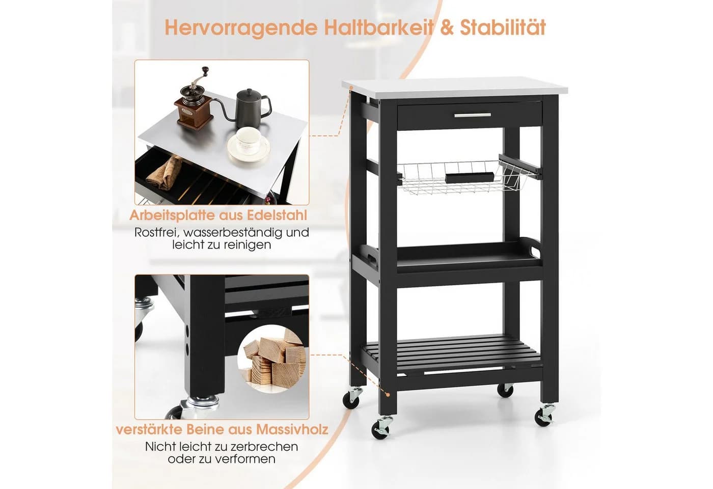 COSTWAY Servierwagen mit Schublade, Korb & Serviertablett - Schwarz - Bild 4