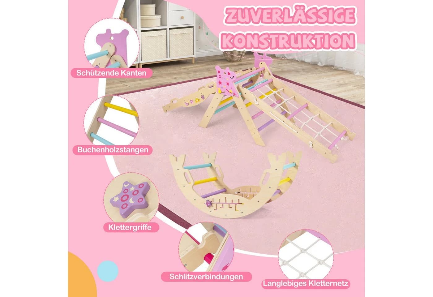 COSTWAY Klettergerüst 4-teilig mit Rutsche und Kletterbogen Lila - Bild 3