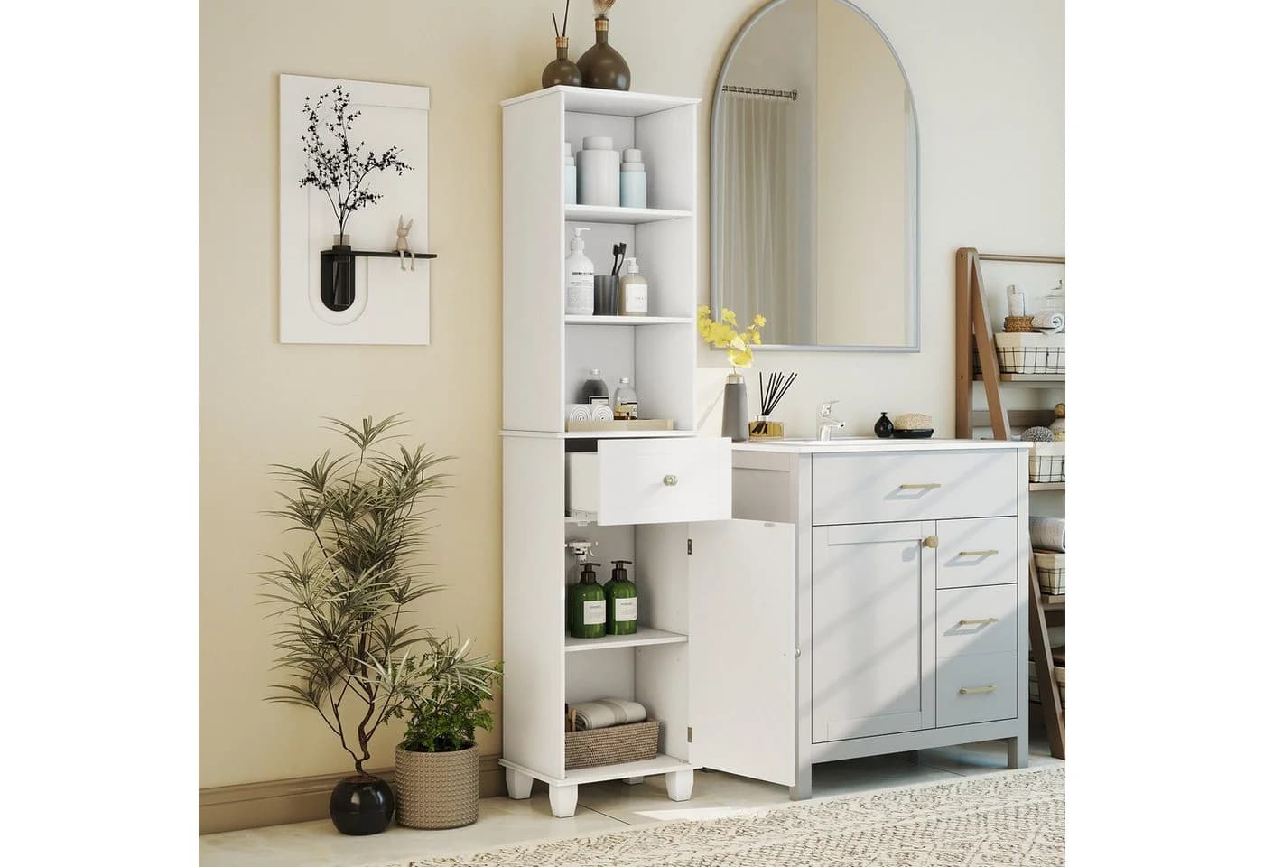 COSTWAY Badkommode Hochschrank mit Schublade und Regal Weiß/Grau/Schwarz