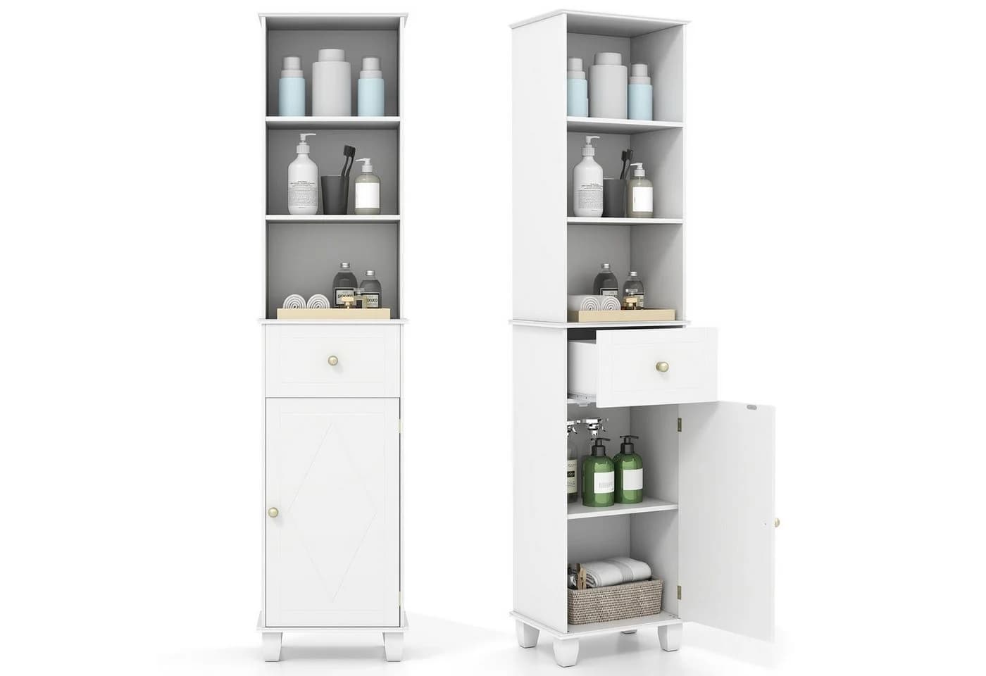 COSTWAY Badkommode Hochschrank mit Schublade und Regal Weiß/Grau/Schwarz - Bild 2