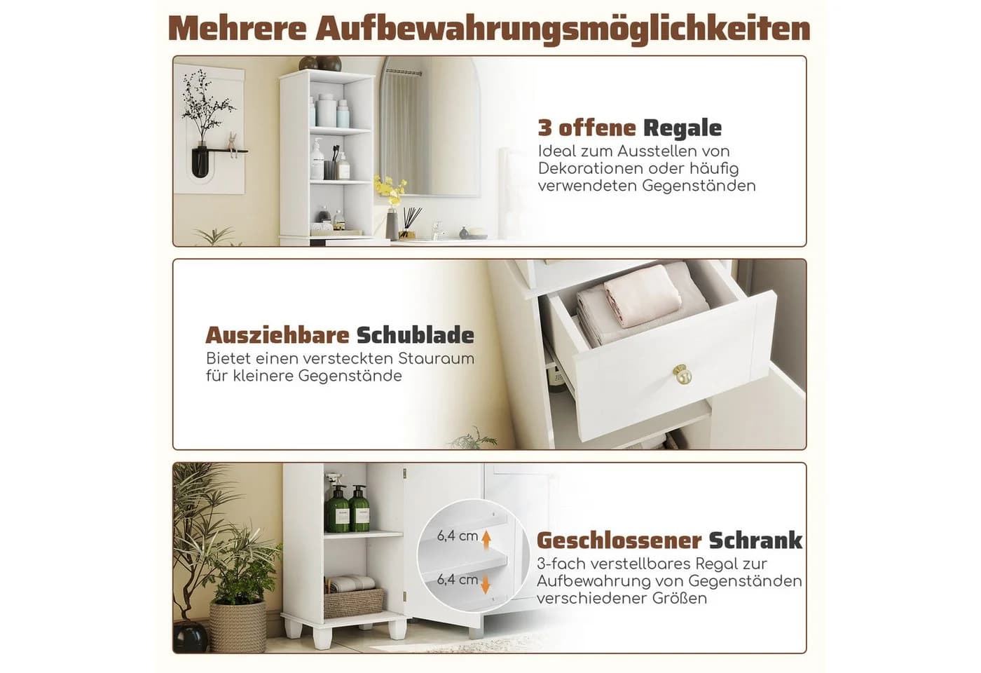 COSTWAY Badkommode Hochschrank mit Schublade und Regal Weiß/Grau/Schwarz - Bild 3