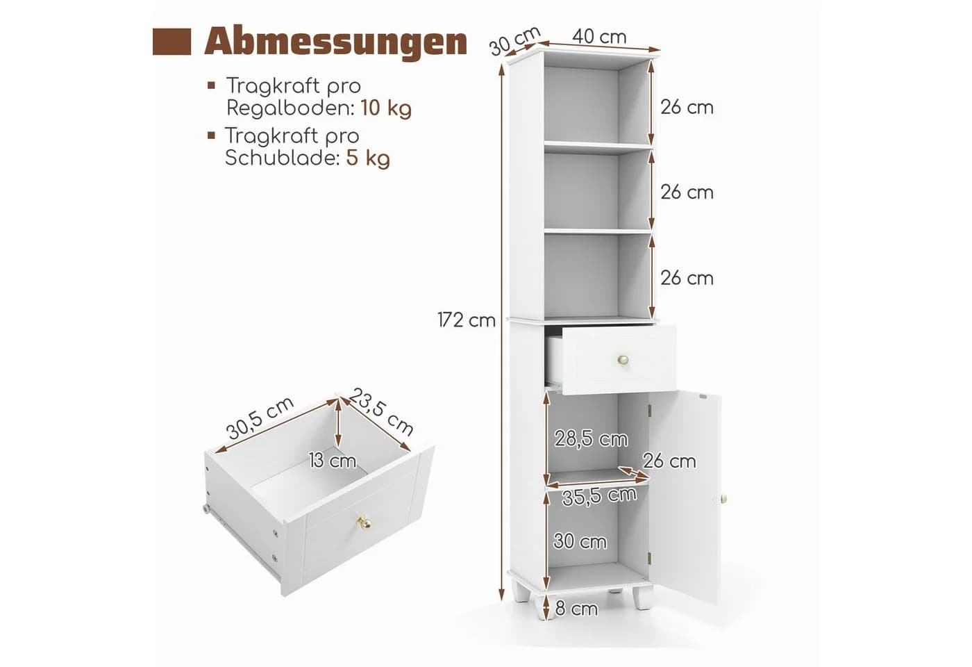COSTWAY Badkommode Hochschrank mit Schublade und Regal Weiß/Grau/Schwarz - Bild 5