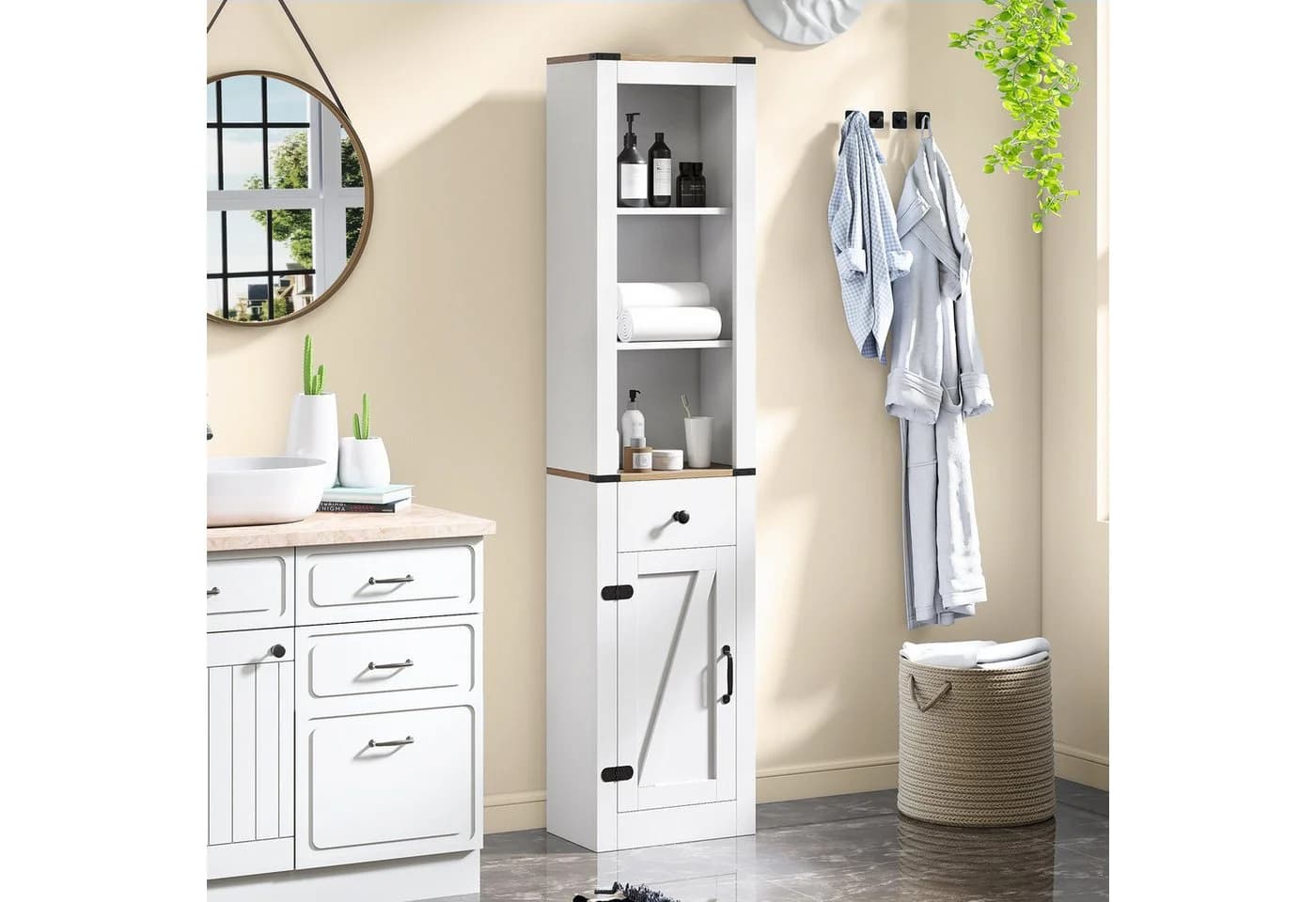 COSTWAY Hochschrank Badezimmerschrank schmal mit Schublade weiß