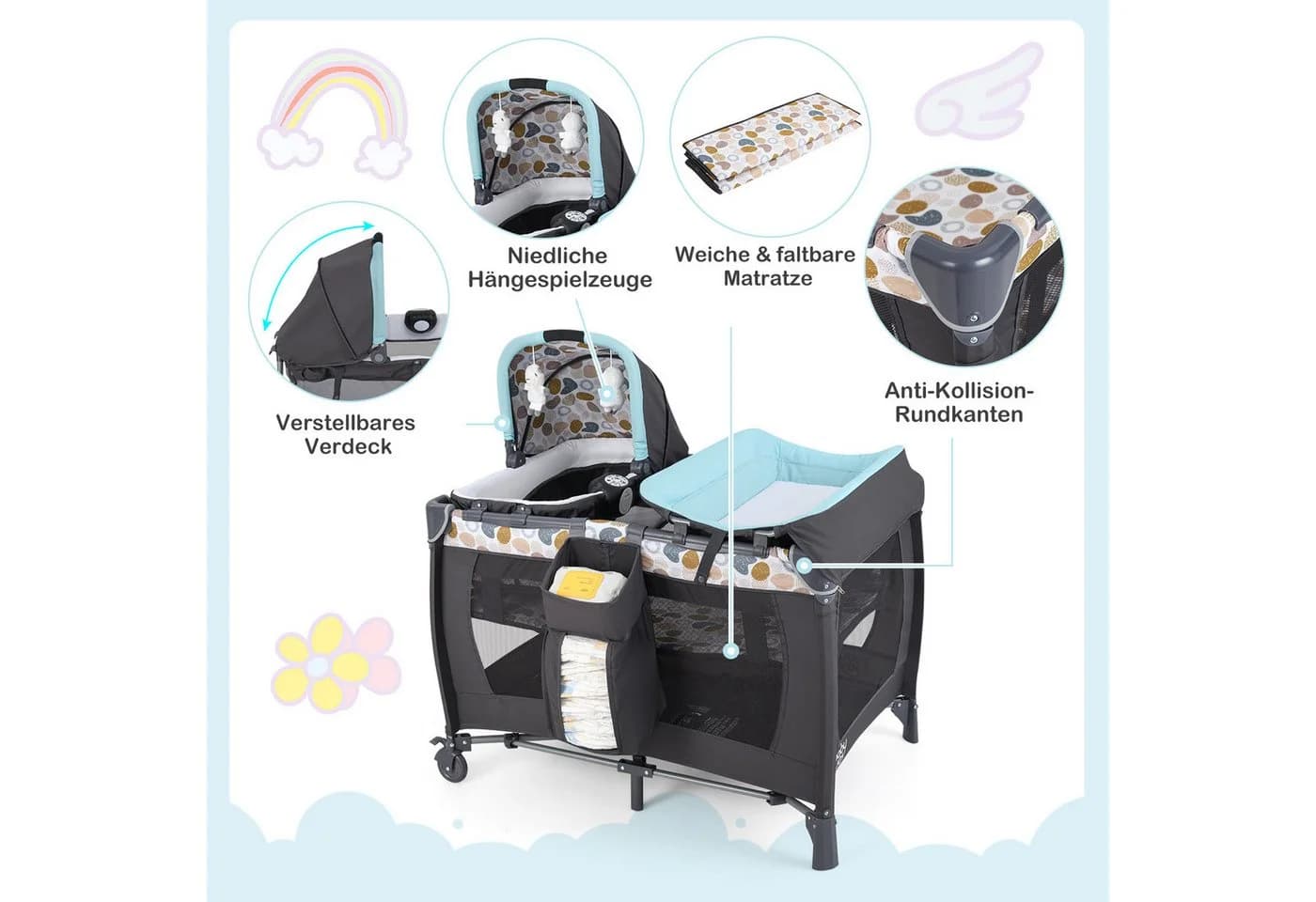 COSTWAY Baby-Reisebett 1-tlg. Laufstall Babybett mit Babywiege Wickeltisch Matratze - Bild 4
