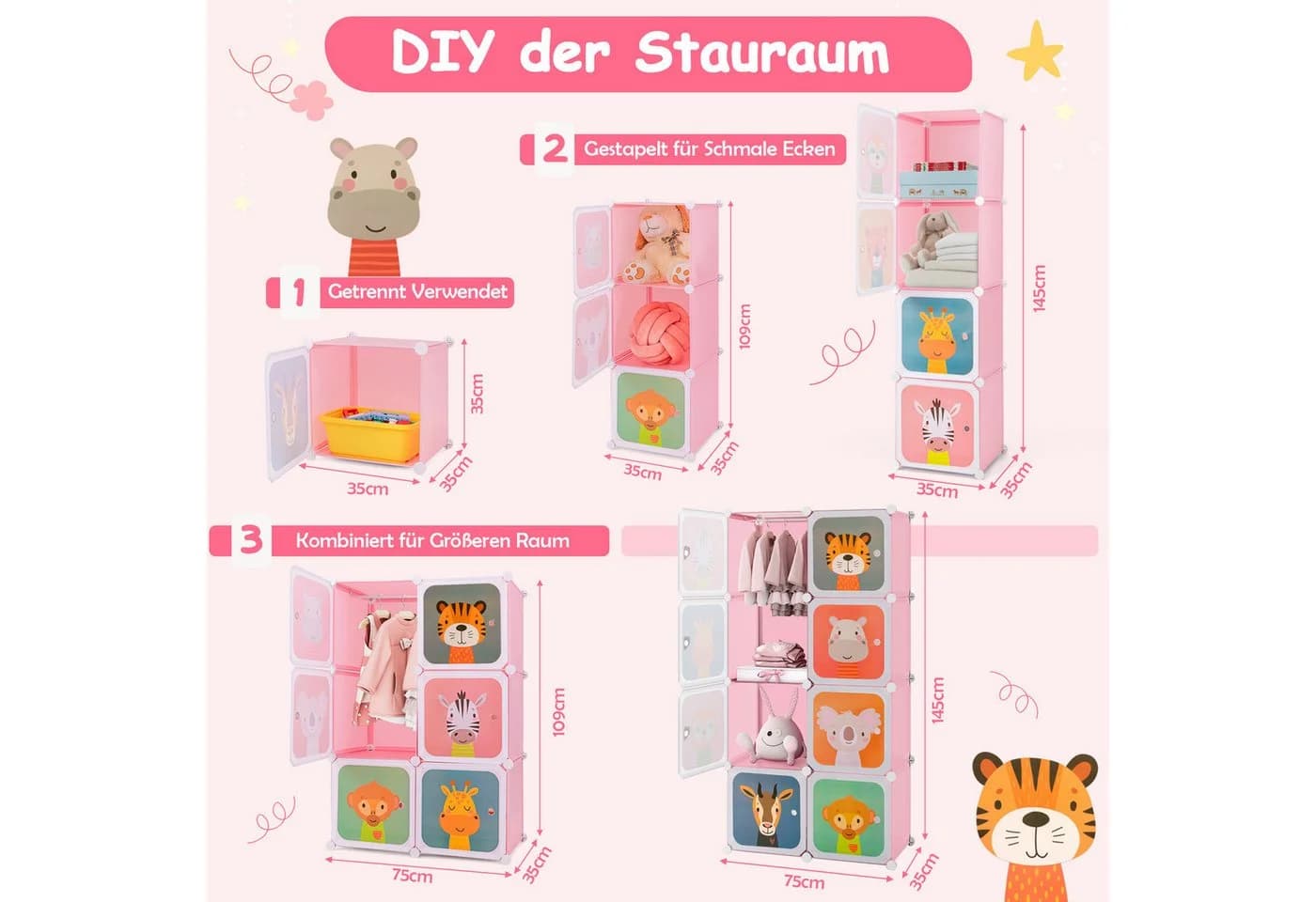 COSTWAY Kinderkleiderschrank mit Kleiderstange und 8 Würfeln, Rosa - Bild 3