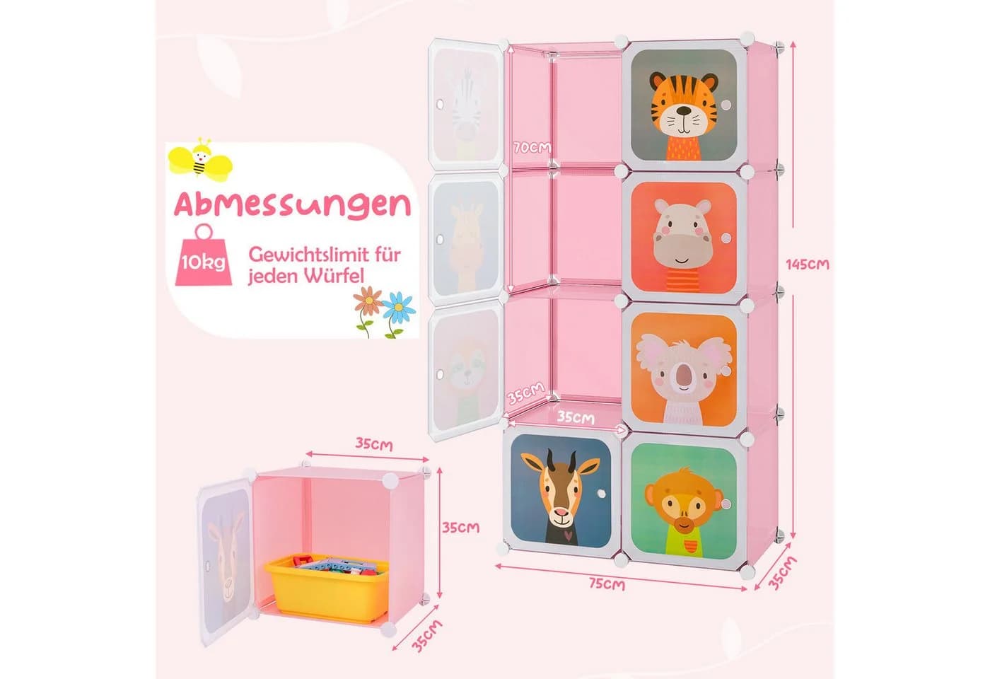 COSTWAY Kinderkleiderschrank mit Kleiderstange und 8 Würfeln, Rosa - Bild 5