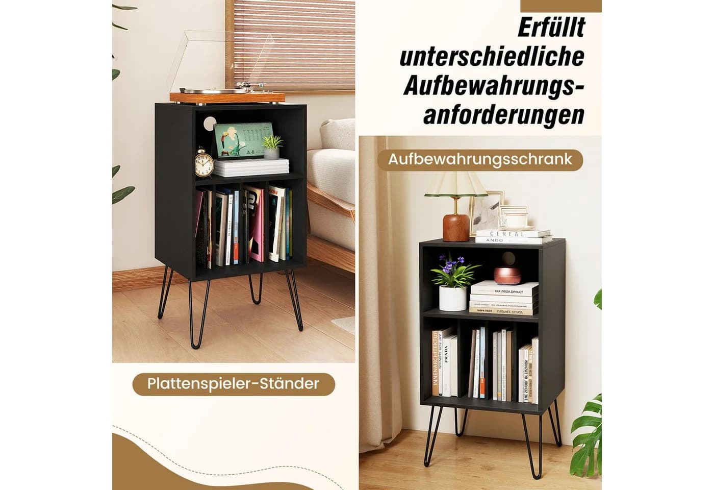 COSTWAY Nachttisch Plattenspieler-Ständer mit Ladestation Rustikal Braun - Bild 5