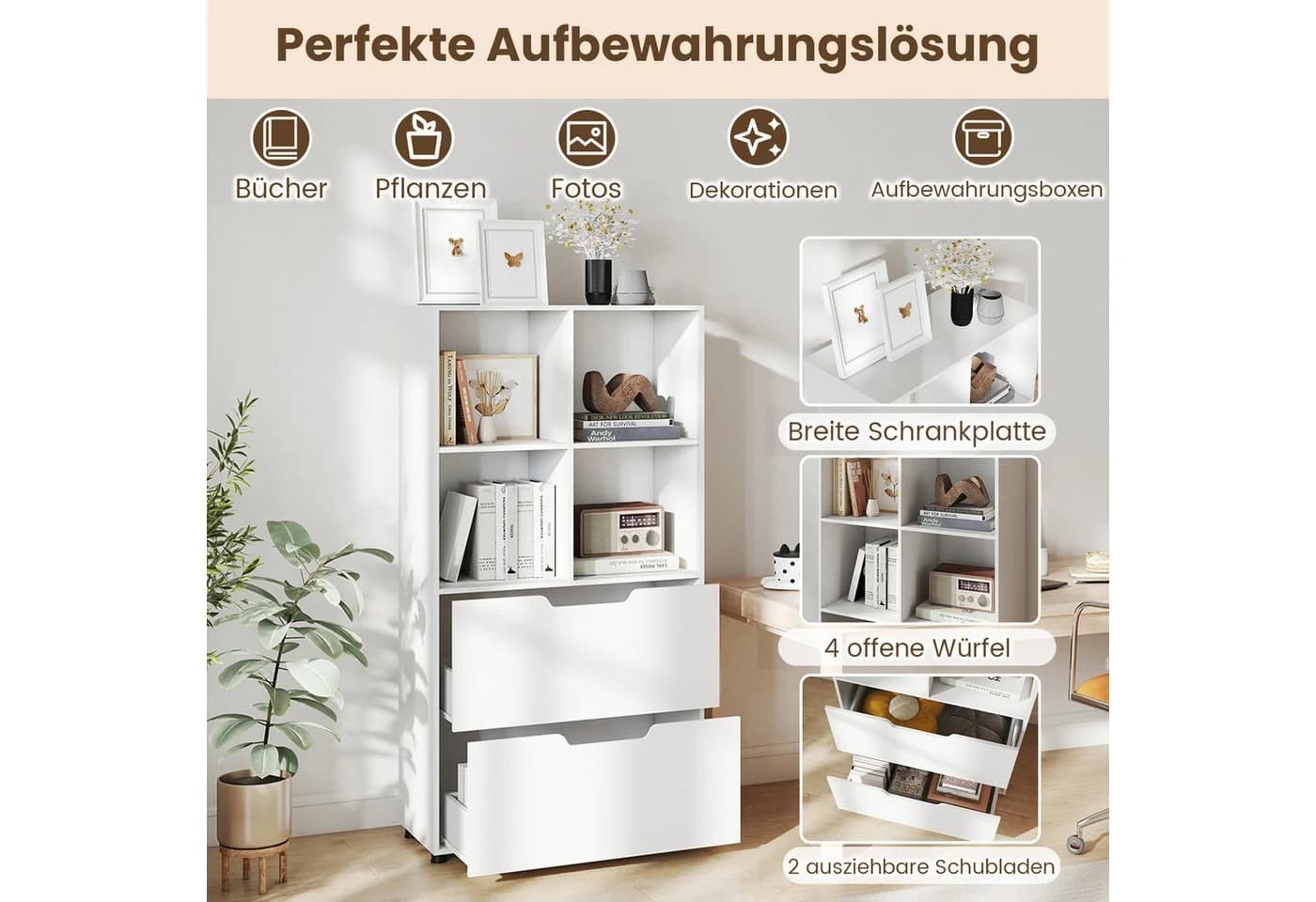 COSTWAY Bücherregal mit 4 Würfeln & 2 Schubladen Holz - Bild 3