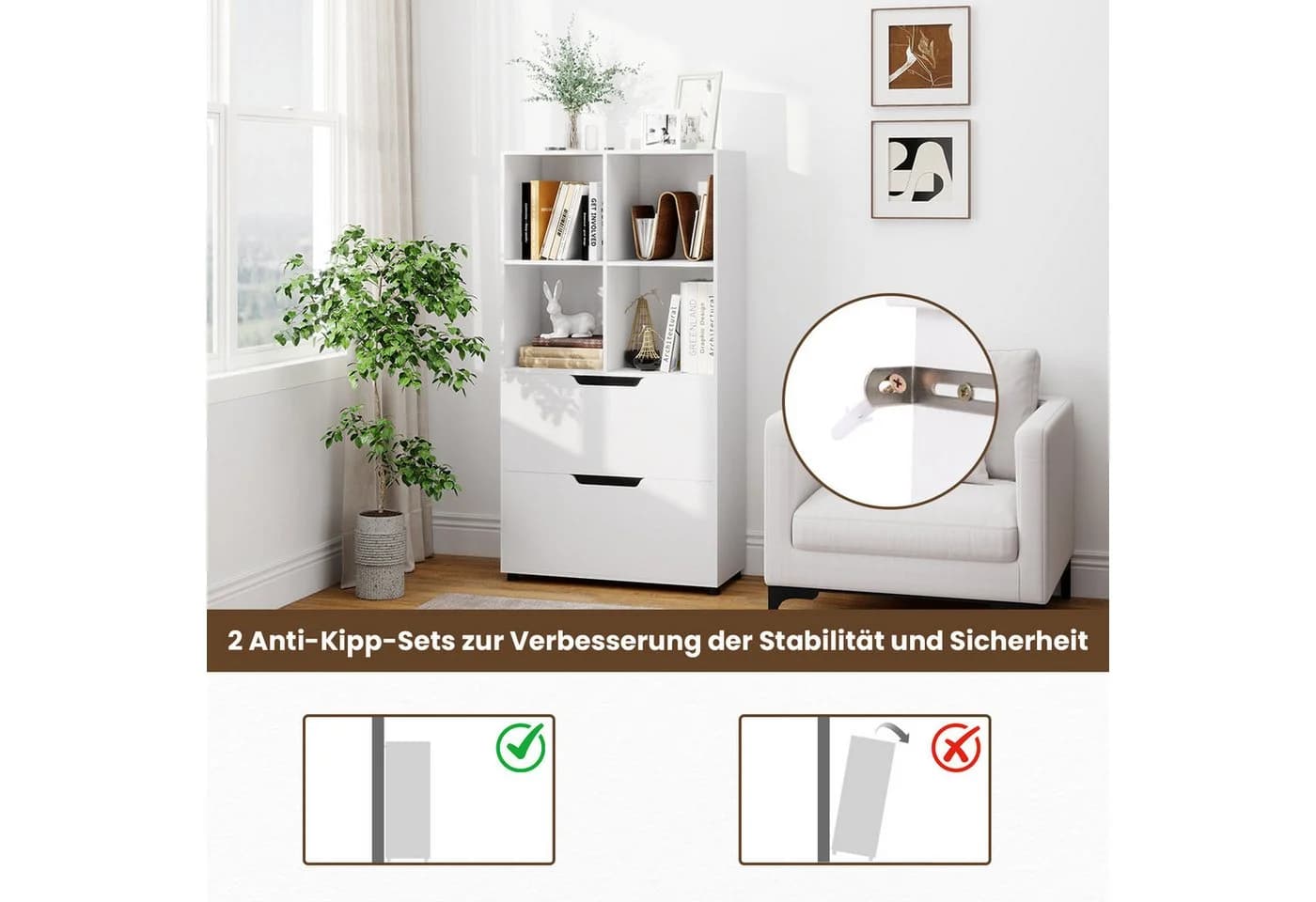 COSTWAY Bücherregal mit 4 Würfeln & 2 Schubladen Holz - Bild 4
