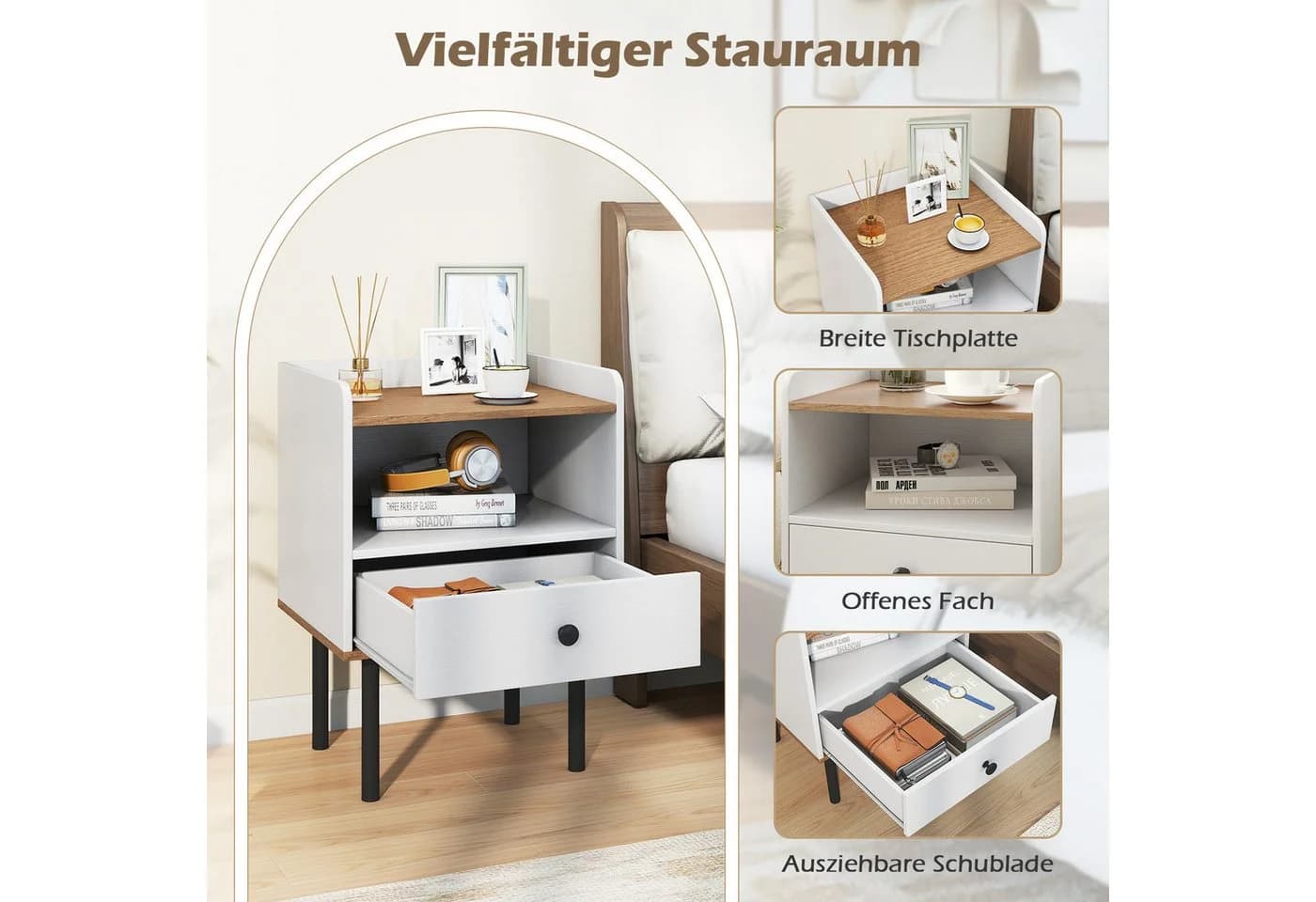 COSTWAY Nachttisch mit Schublade und offenem Fach Schwarz/Weiß - Bild 3
