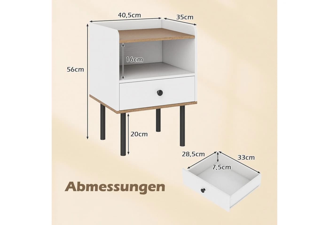 COSTWAY Nachttisch mit Schublade und offenem Fach Schwarz/Weiß - Bild 5