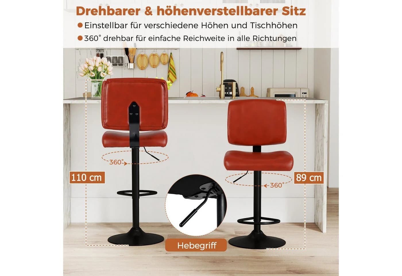 COSTWAY Barhocker 2er Set Schwarz Drehbar Höhenverstellbar - Bild 5