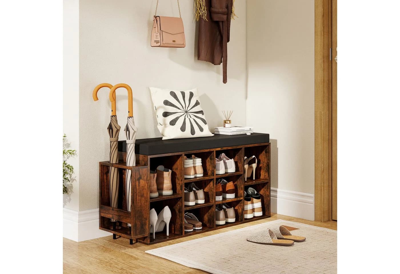 COSTWAY Schuhbank mit Schirmhalter & gepolsterter Sitzfläche 110cm