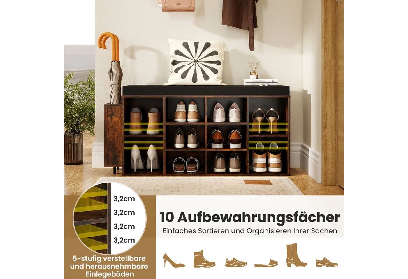 COSTWAY Schuhbank mit Schirmhalter & gepolsterter Sitzfläche 110cm - Bild 3