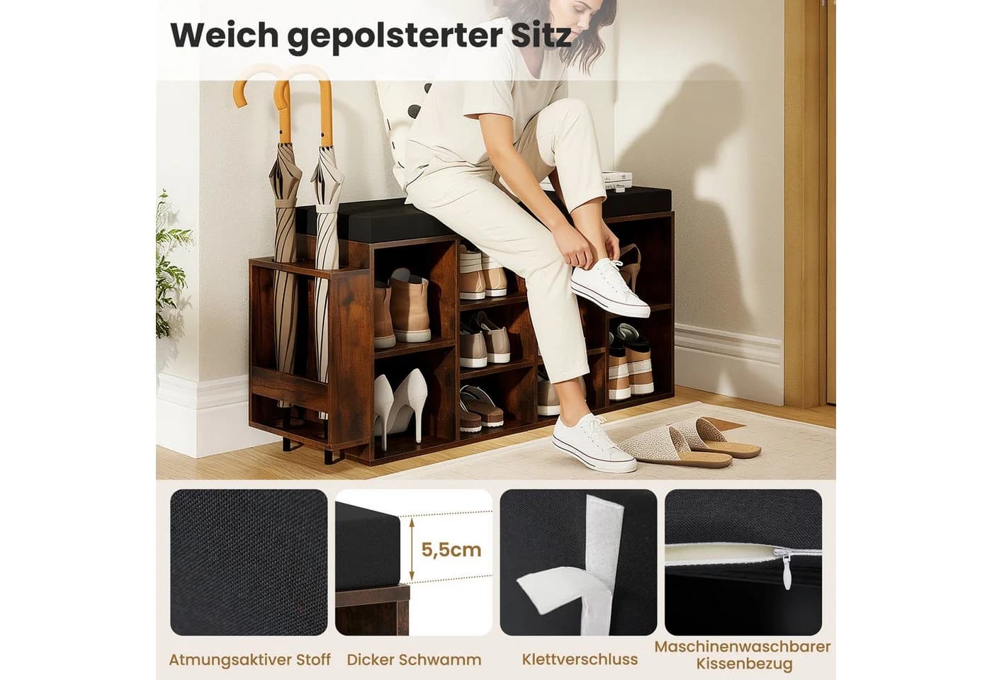 COSTWAY Schuhbank mit Schirmhalter & gepolsterter Sitzfläche 110cm - Bild 5