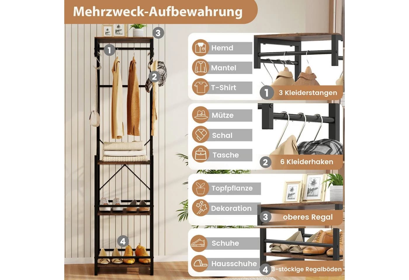 COSTWAY Kleiderständer Metall 3 Kleiderstangen 6 Haken - Bild 3