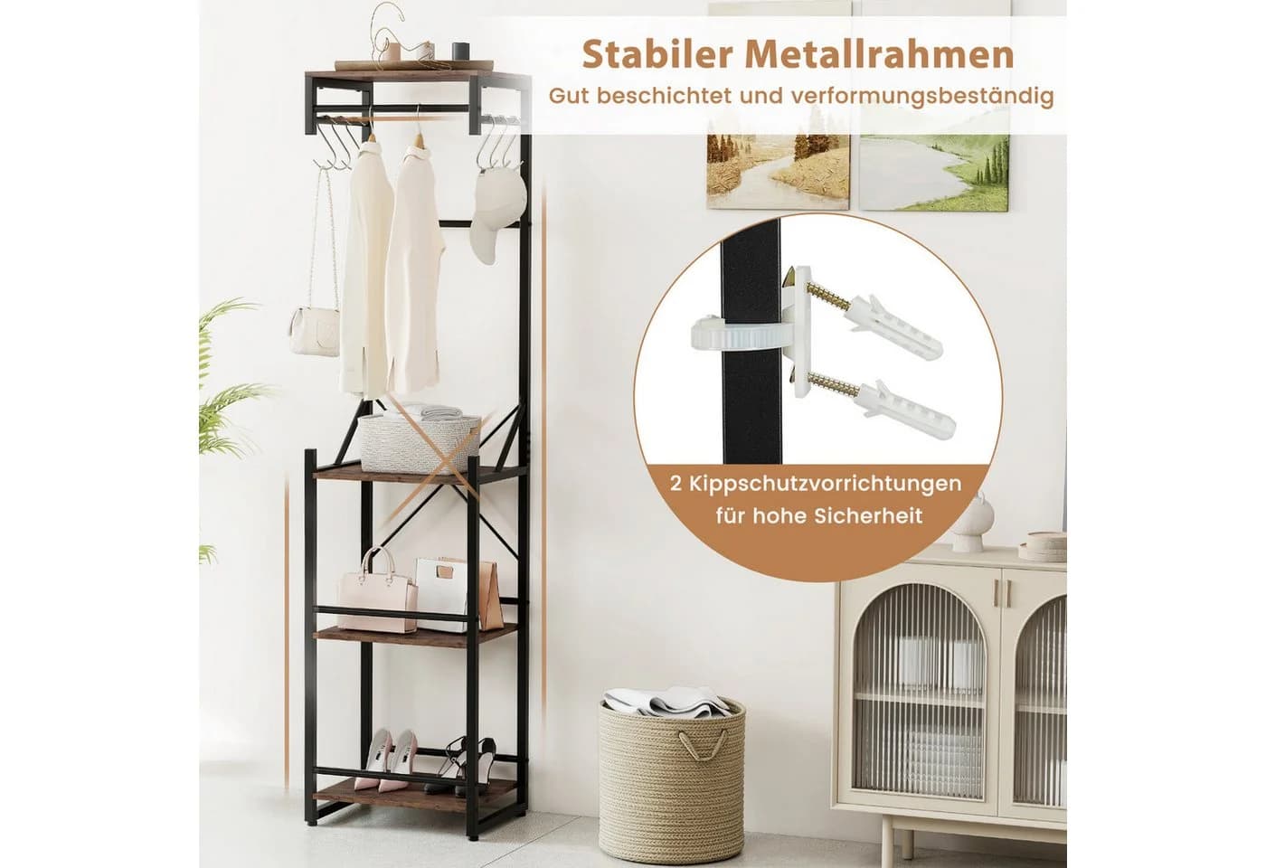 COSTWAY Kleiderständer Metall 3 Kleiderstangen 6 Haken - Bild 4