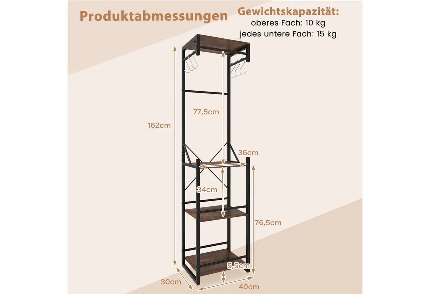 COSTWAY Kleiderständer Metall 3 Kleiderstangen 6 Haken - Bild 5