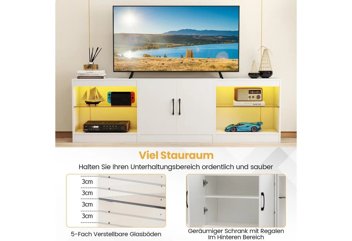 COSTWAY TV-Schrank mit LED-Beleuchtung & Glasregalen - Bild 3