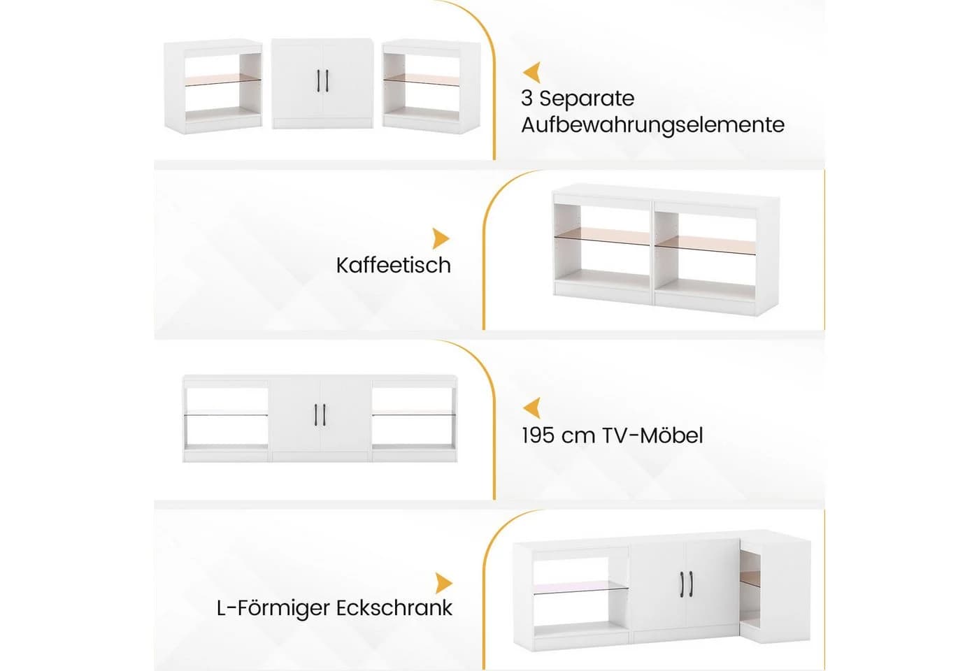 COSTWAY TV-Schrank mit LED-Beleuchtung & Glasregalen - Bild 4