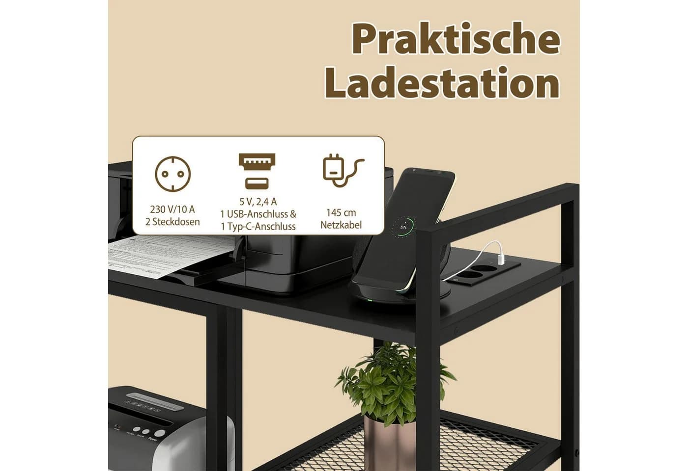 COSTWAY Druckertisch 3-stufig mit Steckdosen & Rollen - Bild 3