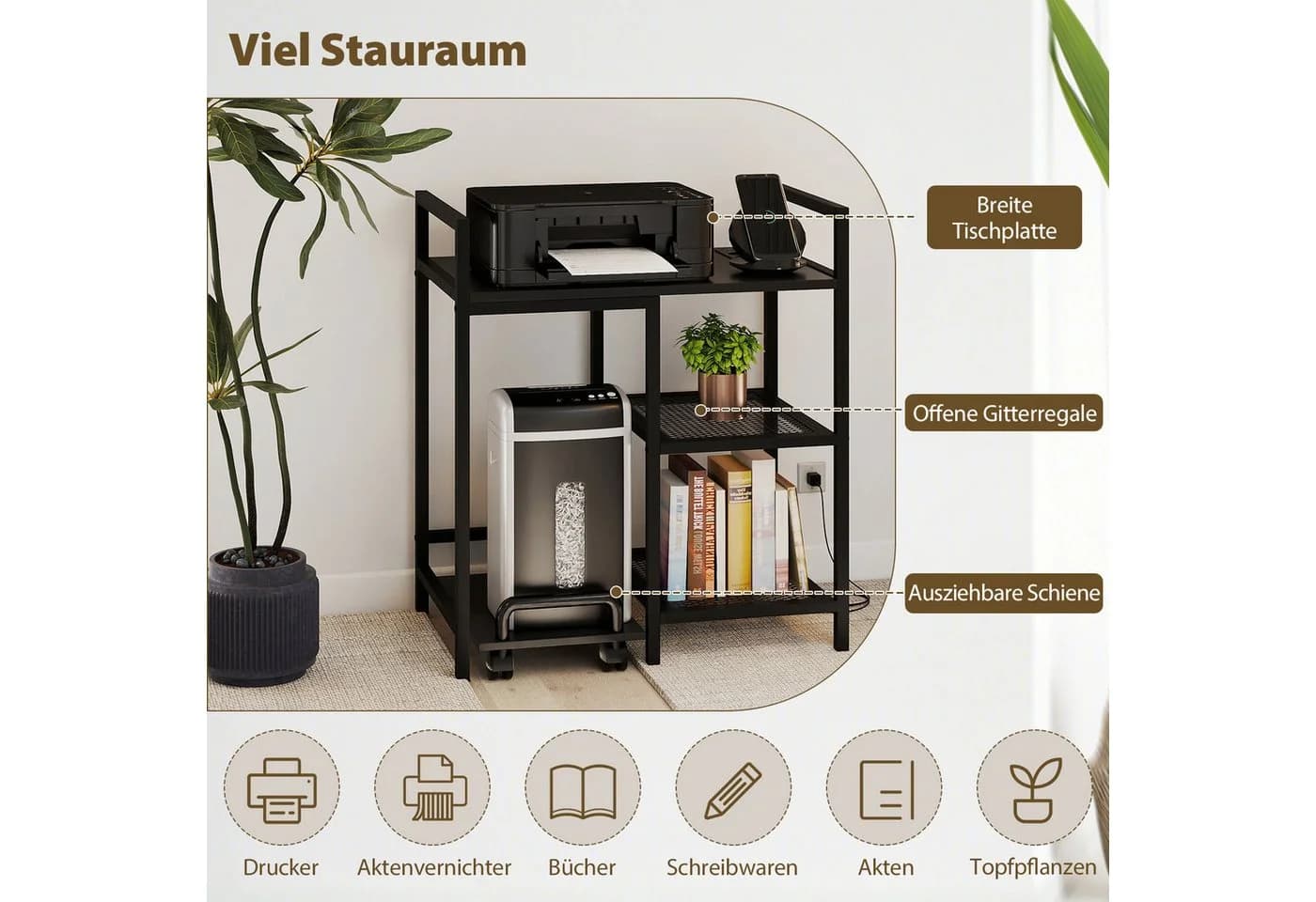 COSTWAY Druckertisch 3-stufig mit Steckdosen & Rollen - Bild 4