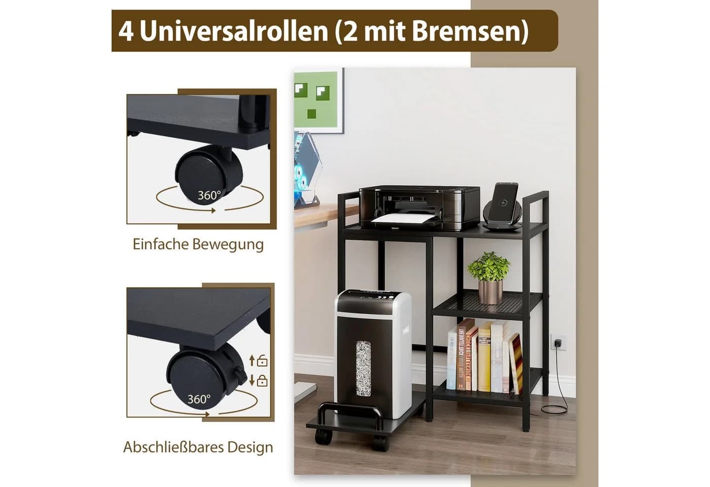 COSTWAY Druckertisch 3-stufig mit Steckdosen & Rollen - Bild 5