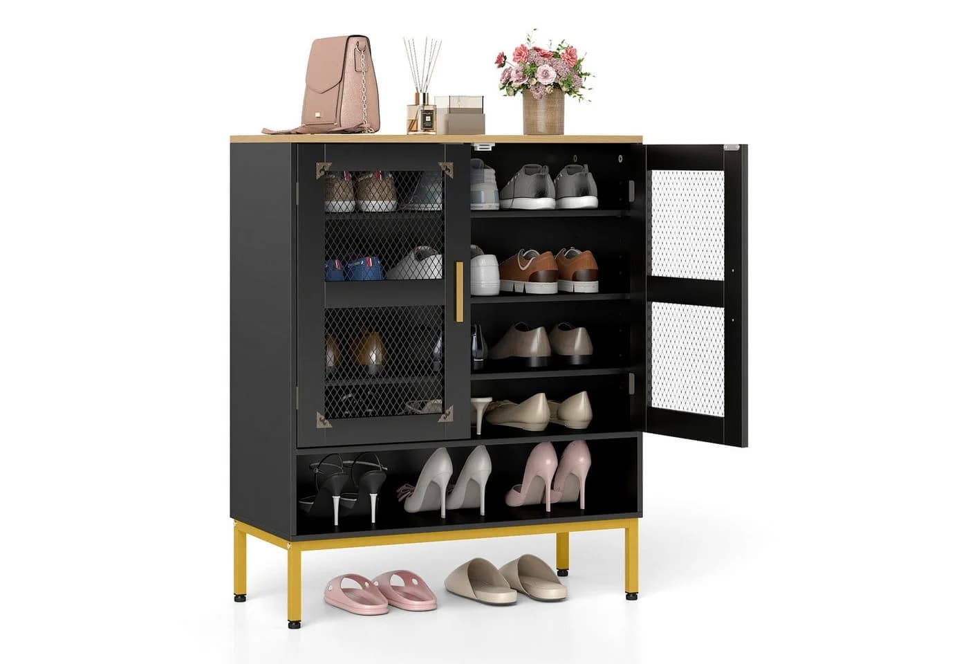 COSTWAY Schuhschwarz Schuhschrank mit Mesh-Türen und verstellbaren Regalen - Bild 2