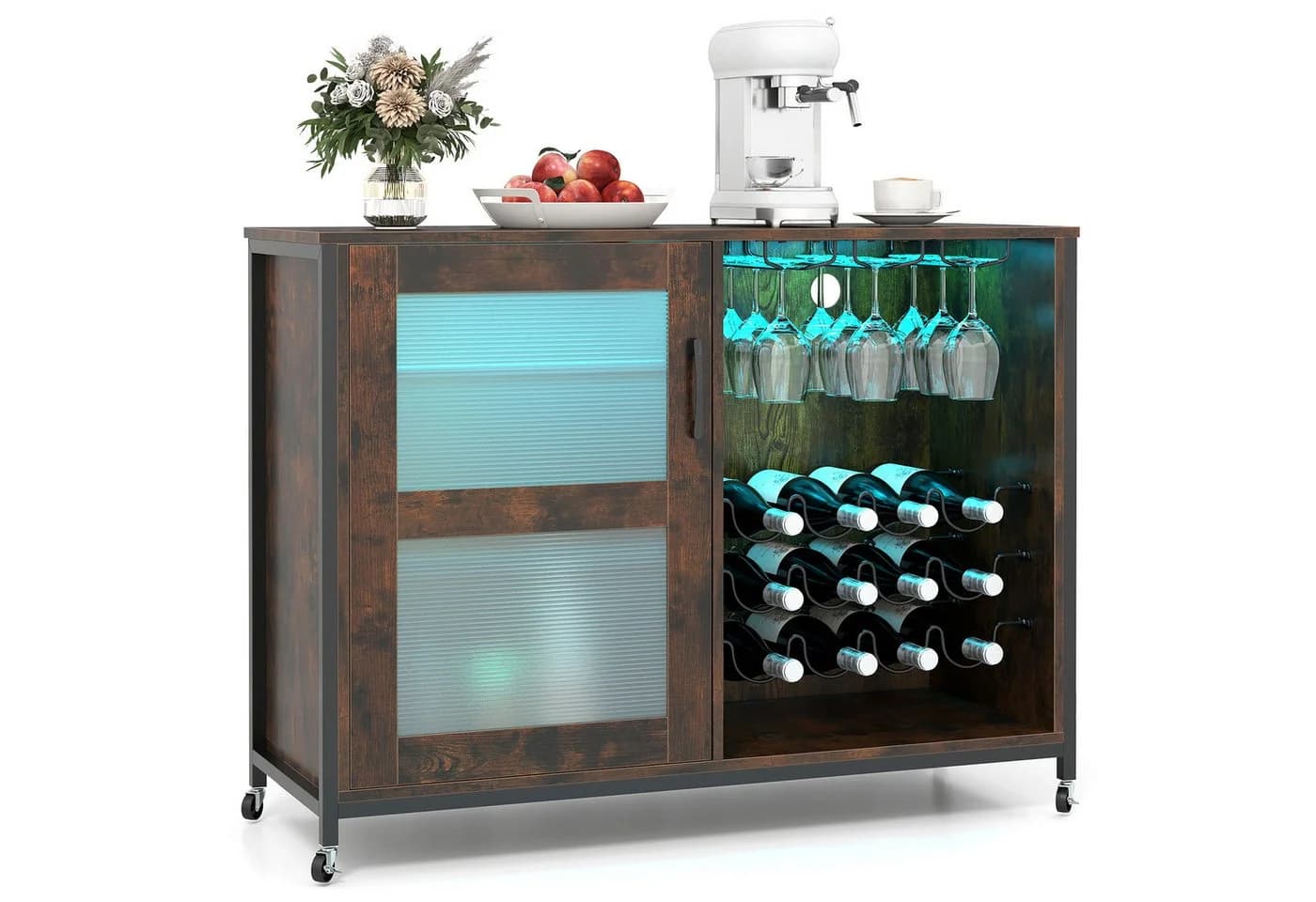 COSTWAY Weinschrank mit LED Beleuchtung & Rollen Rustikal Braun - Bild 2