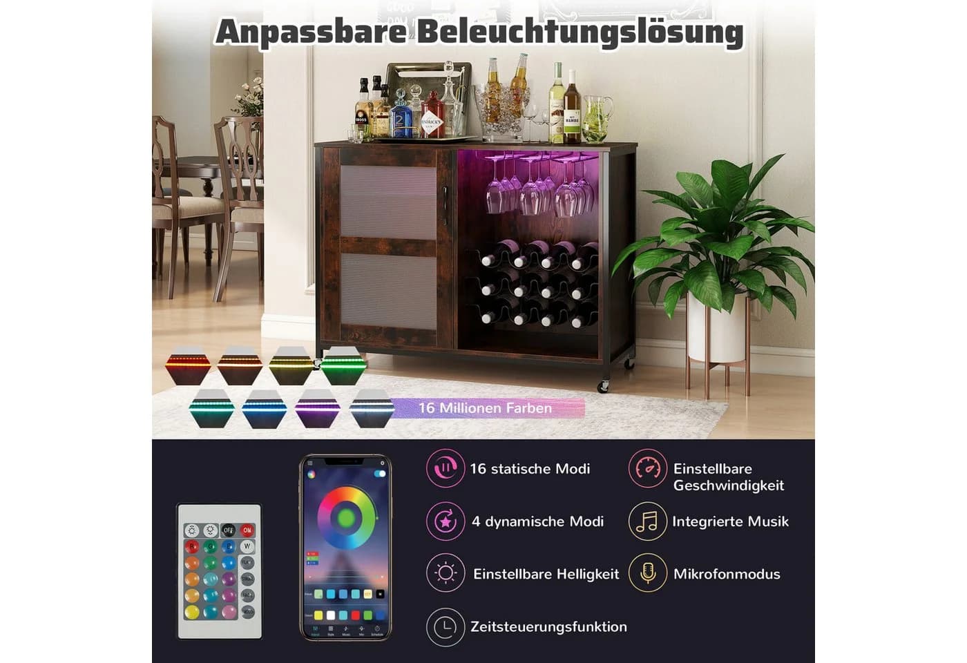 COSTWAY Weinschrank mit LED Beleuchtung & Rollen Rustikal Braun - Bild 3