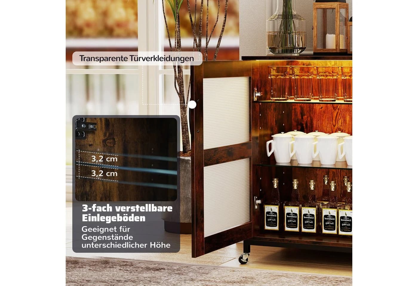 COSTWAY Weinschrank mit LED Beleuchtung & Rollen Rustikal Braun - Bild 4