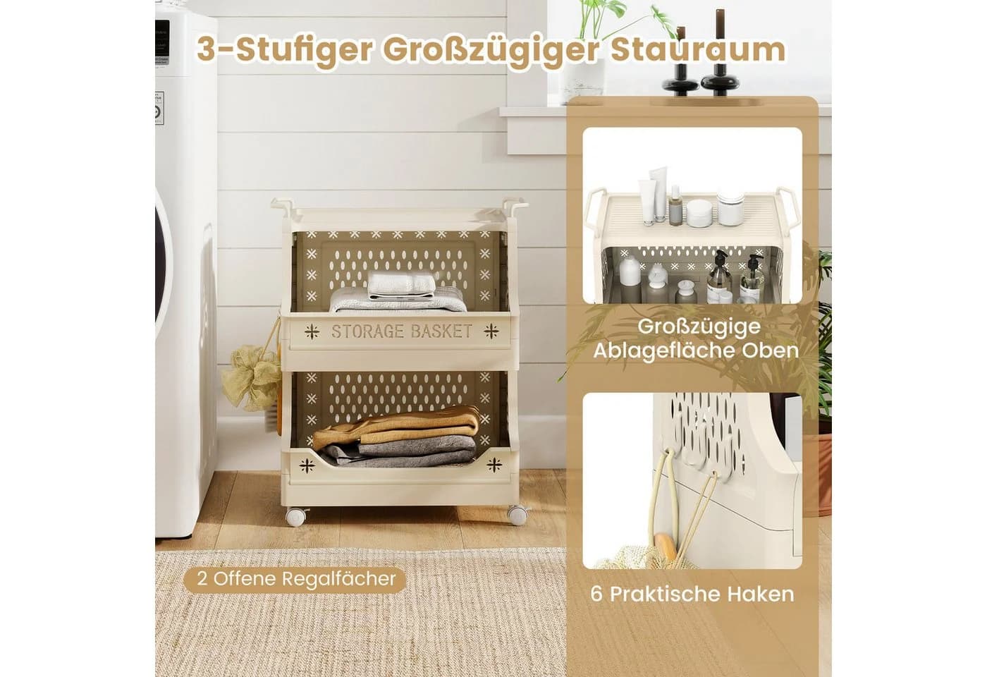 COSTWAY Rollwagen faltbar & stapelbar Kunststoff Beistellwagen - Bild 3