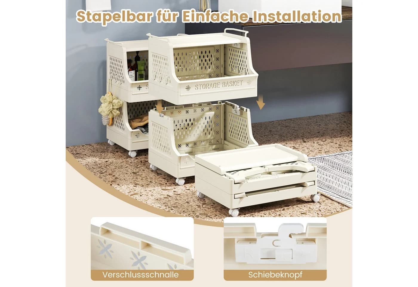 COSTWAY Rollwagen faltbar & stapelbar Kunststoff Beistellwagen - Bild 4