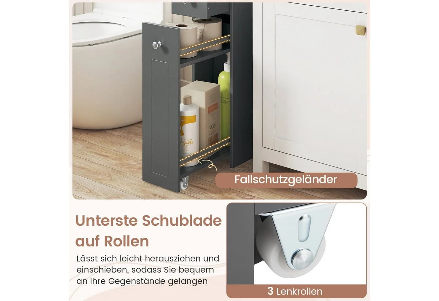COSTWAY Badkommode Grau Schmal mit Schubladen & Rollen