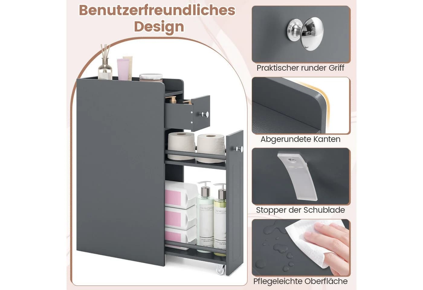 COSTWAY Badkommode Grau Schmal mit Schubladen & Rollen - Bild 4