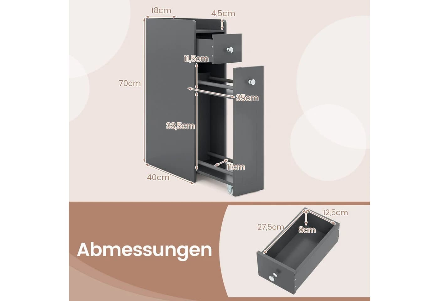 COSTWAY Badkommode Grau Schmal mit Schubladen & Rollen - Bild 5