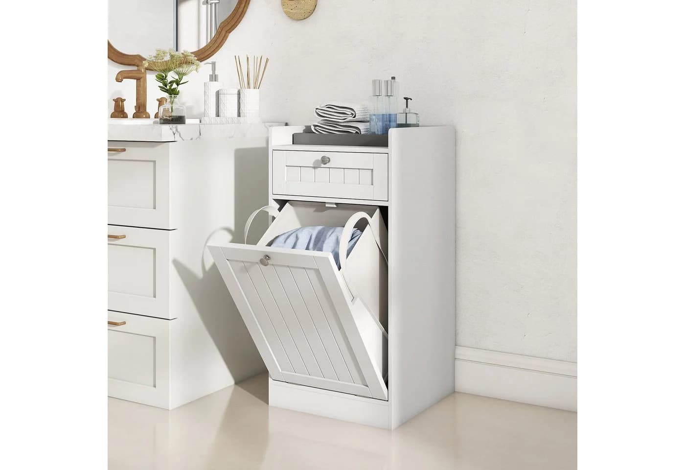 COSTWAY Wäscheschrank Kippbar mit Schublade & Wäschesack Weiß