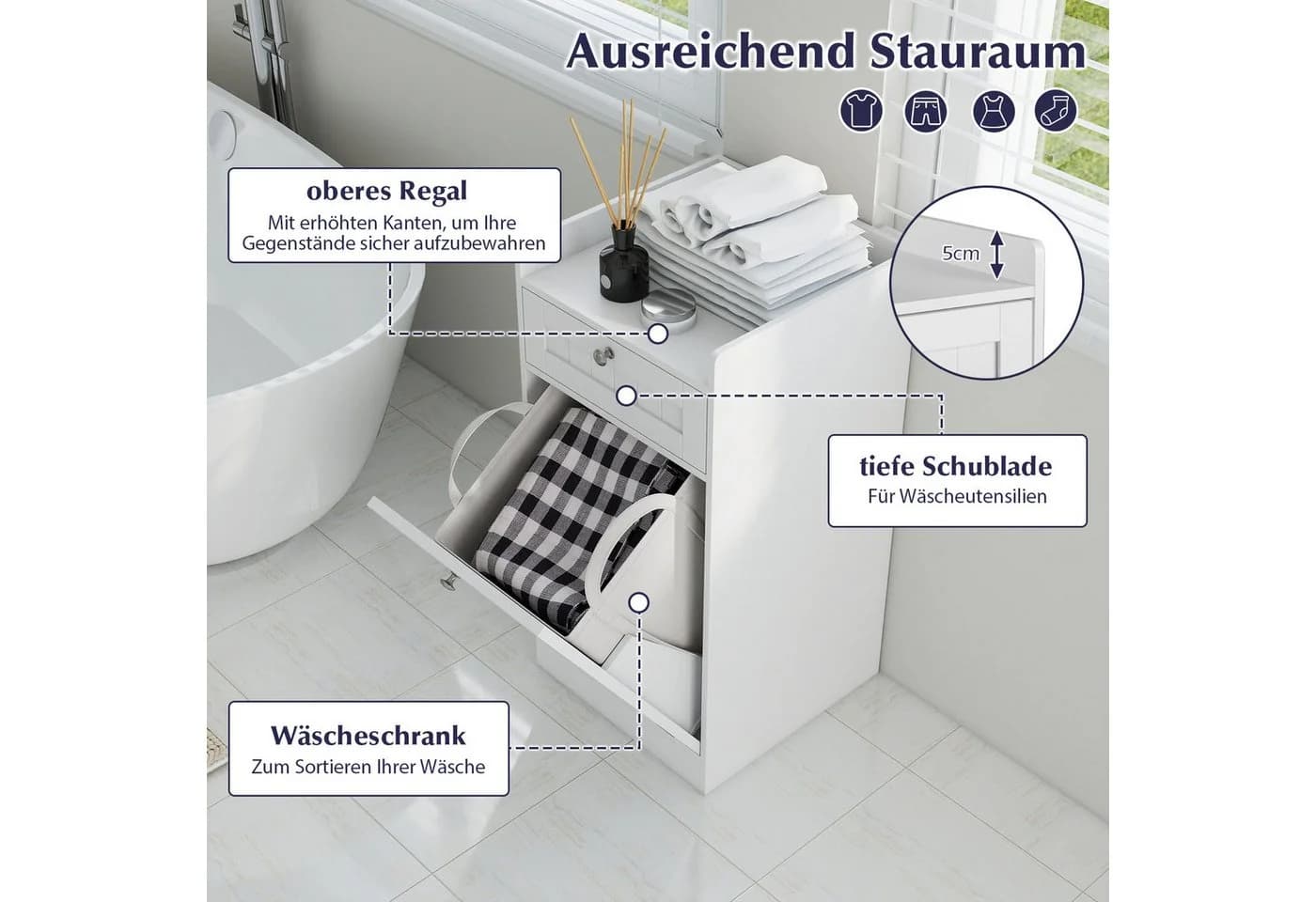 COSTWAY Wäscheschrank Kippbar mit Schublade & Wäschesack Weiß - Bild 3