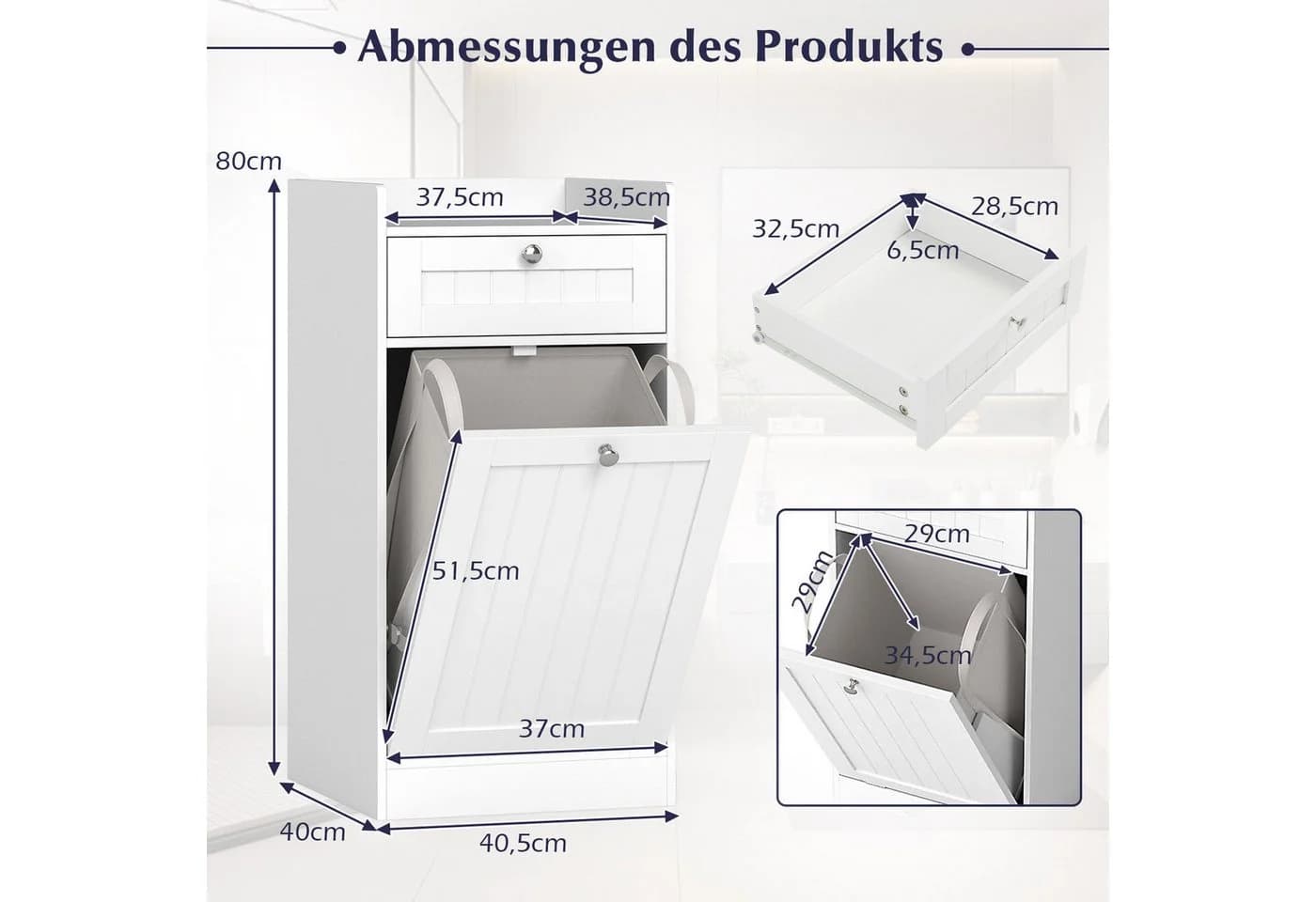 COSTWAY Wäscheschrank Kippbar mit Schublade & Wäschesack Weiß - Bild 5