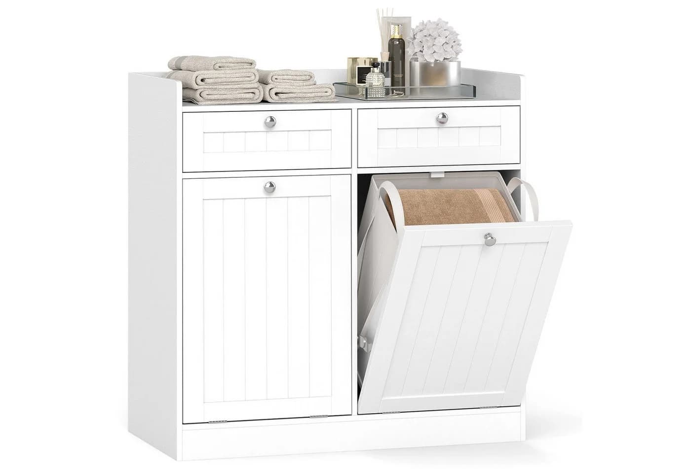 COSTWAY Wäscheschrank Kippbar mit Schublade & Wäschesack Weiß - Bild 2
