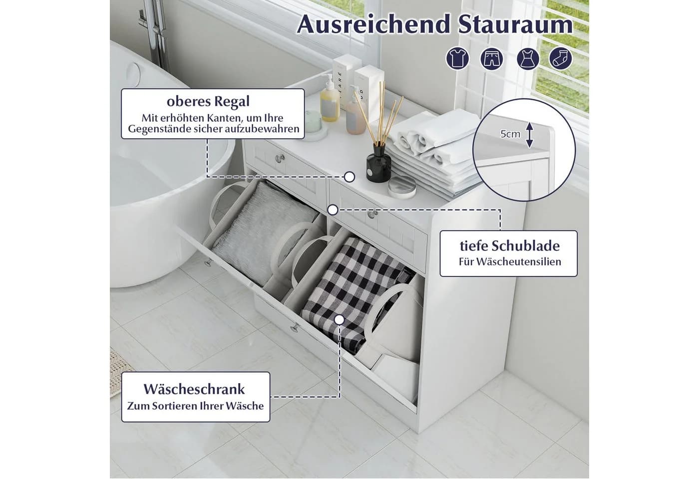 COSTWAY Wäscheschrank Kippbar mit Schublade & Wäschesack Weiß - Bild 3