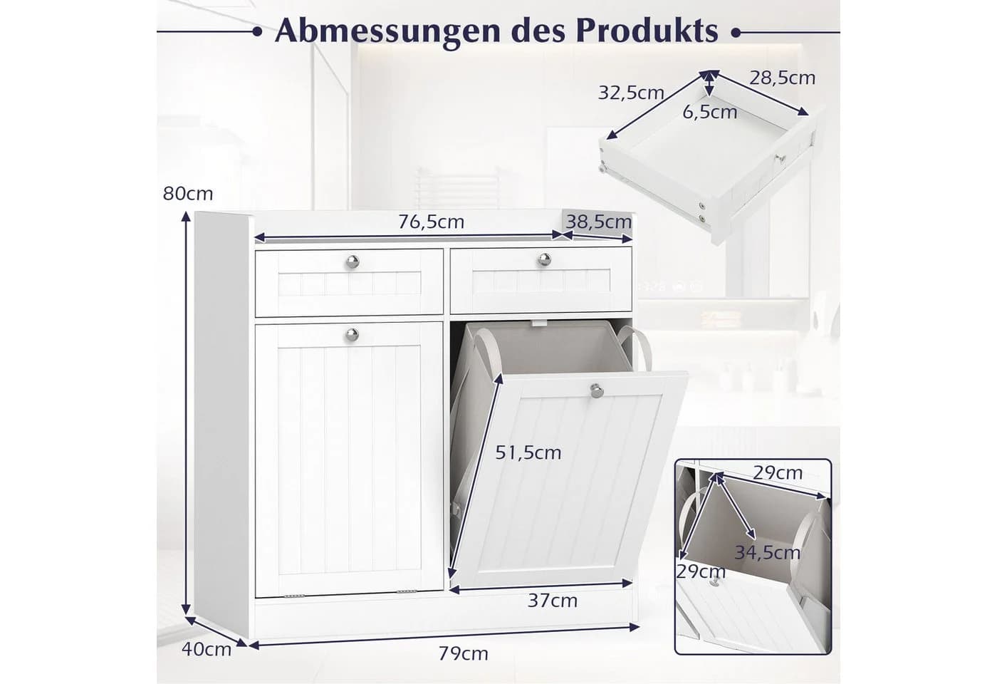 COSTWAY Wäscheschrank Kippbar mit Schublade & Wäschesack Weiß - Bild 5