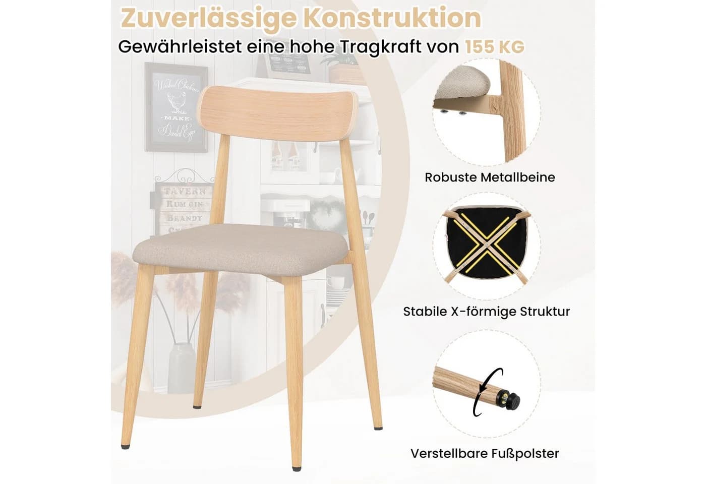 COSTWAY Esszimmerstuhl 2er Set gepolstert Eiche Landhaus - Bild 4
