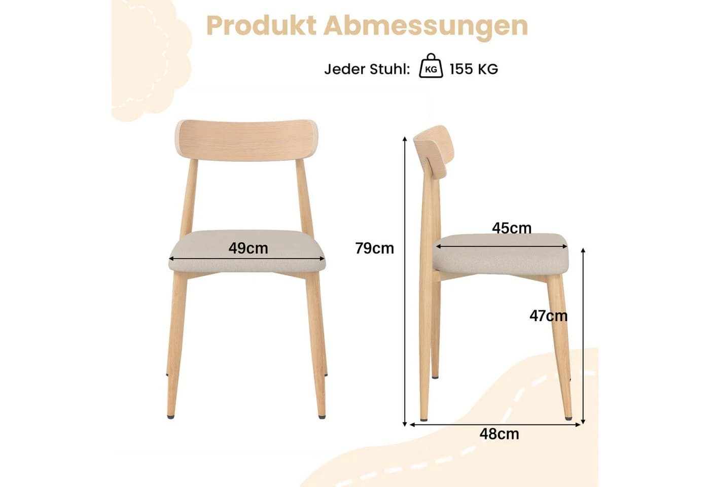 COSTWAY Esszimmerstuhl 2er Set gepolstert Eiche Landhaus - Bild 5