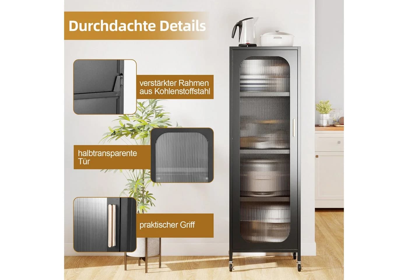 COSTWAY Vorratsschrank Küchenschrank Schwarz mit Rollen und verstellbaren Regalen - Bild 3