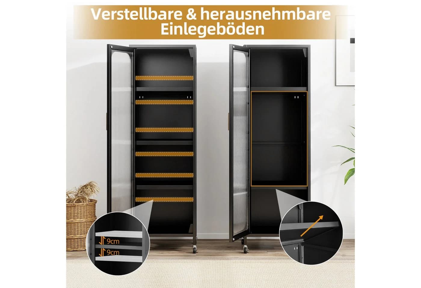COSTWAY Vorratsschrank Küchenschrank Schwarz mit Rollen und verstellbaren Regalen - Bild 4