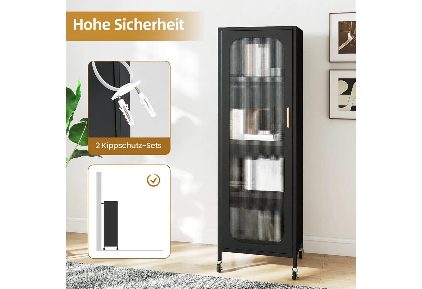 COSTWAY Vorratsschrank Küchenschrank Schwarz mit Rollen und verstellbaren Regalen - Bild 5